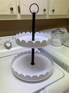 Two-Tier White Metal Serving Stand with Black Center Rod